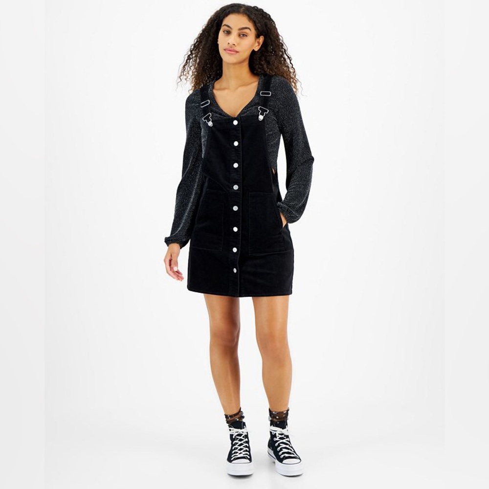NWT 🔵 Tinseltown Juniors' Retro Velvet Button-Front Pinafore Dress. XS. Navy
